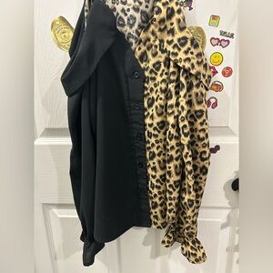 Black and Leopard Print Button-Up Blouse